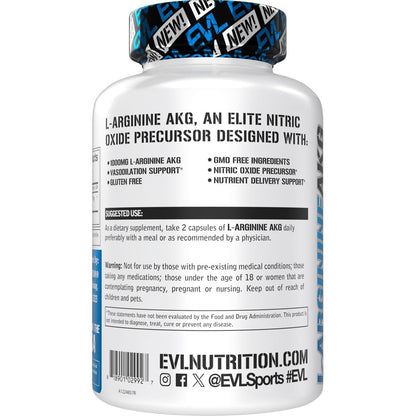 EVLUTION L-Arginine AKG - 1000mg Nitric Oxide Precursor | Gluten Free & Non-GMO | 60 Servings
