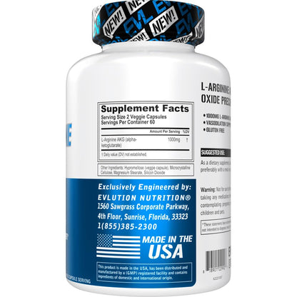 EVLUTION L-Arginine AKG - 1000mg Nitric Oxide Precursor | Gluten Free & Non-GMO | 60 Servings