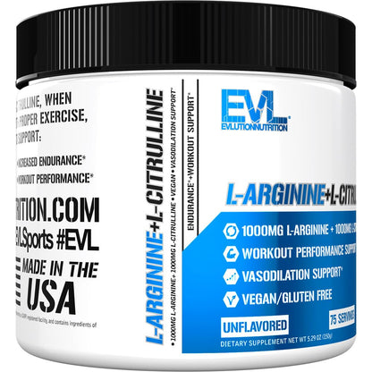Evlution Nutrition L-Arginine + L-Citrulline – Endurance & NO Support (2000mg) – Vegan, Gluten Free | 75 Servings