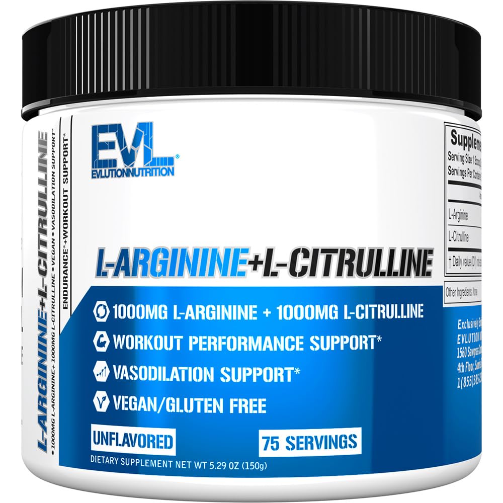 Evlution Nutrition L-Arginine + L-Citrulline – Endurance & NO Support (2000mg) – Vegan, Gluten Free | 75 Servings