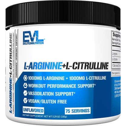 Evlution Nutrition L-Arginine + L-Citrulline – Endurance & NO Support (2000mg) – Vegan, Gluten Free | 75 Servings