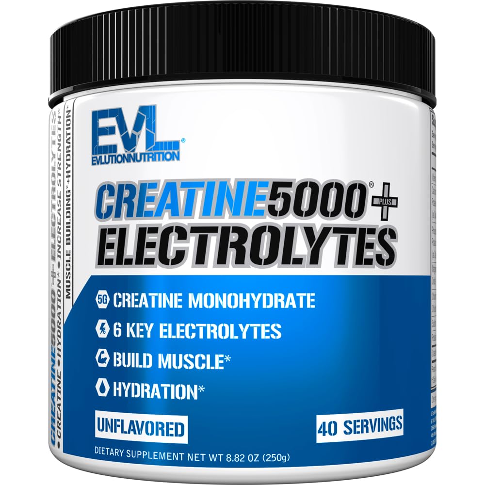 Evlution Nutrition Creatine 5000 + Electrolytes – 5g Creatine Monohydrate + 6 Electrolytes per Serving, 40 Servings, Unflavored
