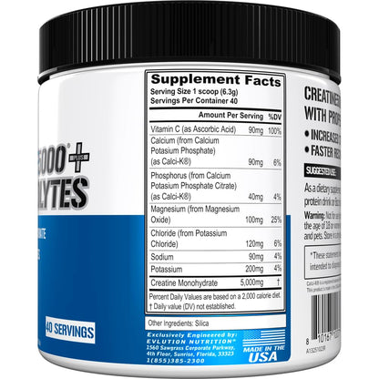 Evlution Nutrition Creatine 5000 + Electrolytes – 5g Creatine Monohydrate + 6 Electrolytes per Serving, 40 Servings, Unflavored