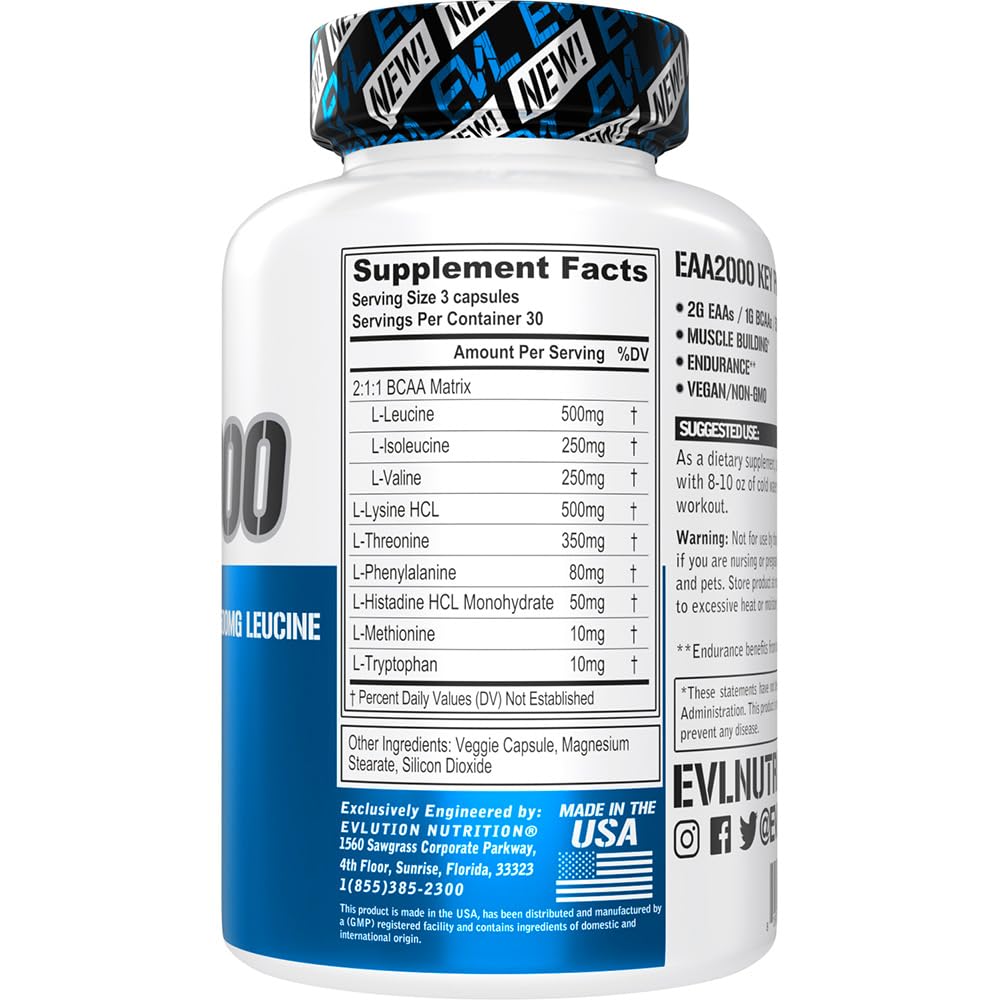 Evlution Nutrition EAA2000 – Pre & Post Workout Capsules | 2g EAAs + 1g BCAAs | Endurance & Recovery | Pack of 2