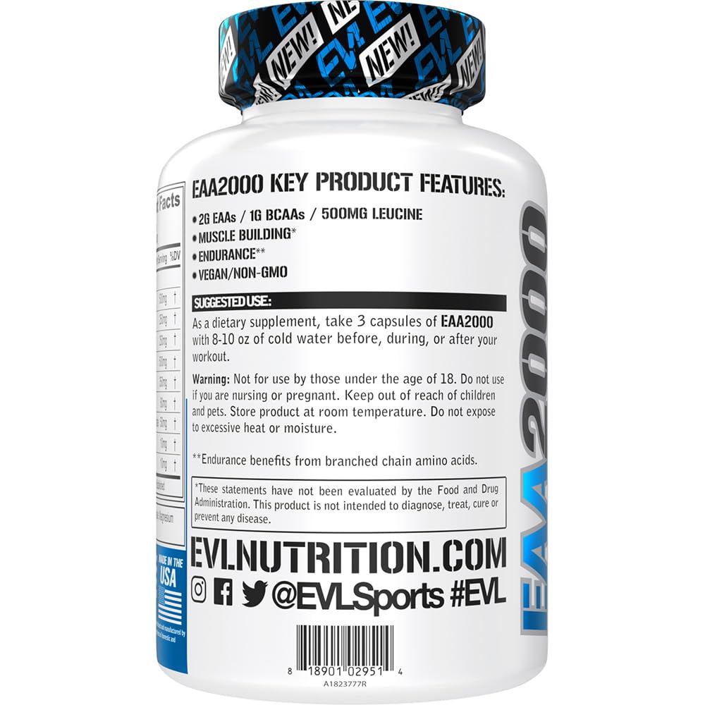 Evlution Nutrition EAA2000 – Pre & Post Workout Capsules | 2g EAAs + 1g BCAAs | Endurance & Recovery | Pack of 2