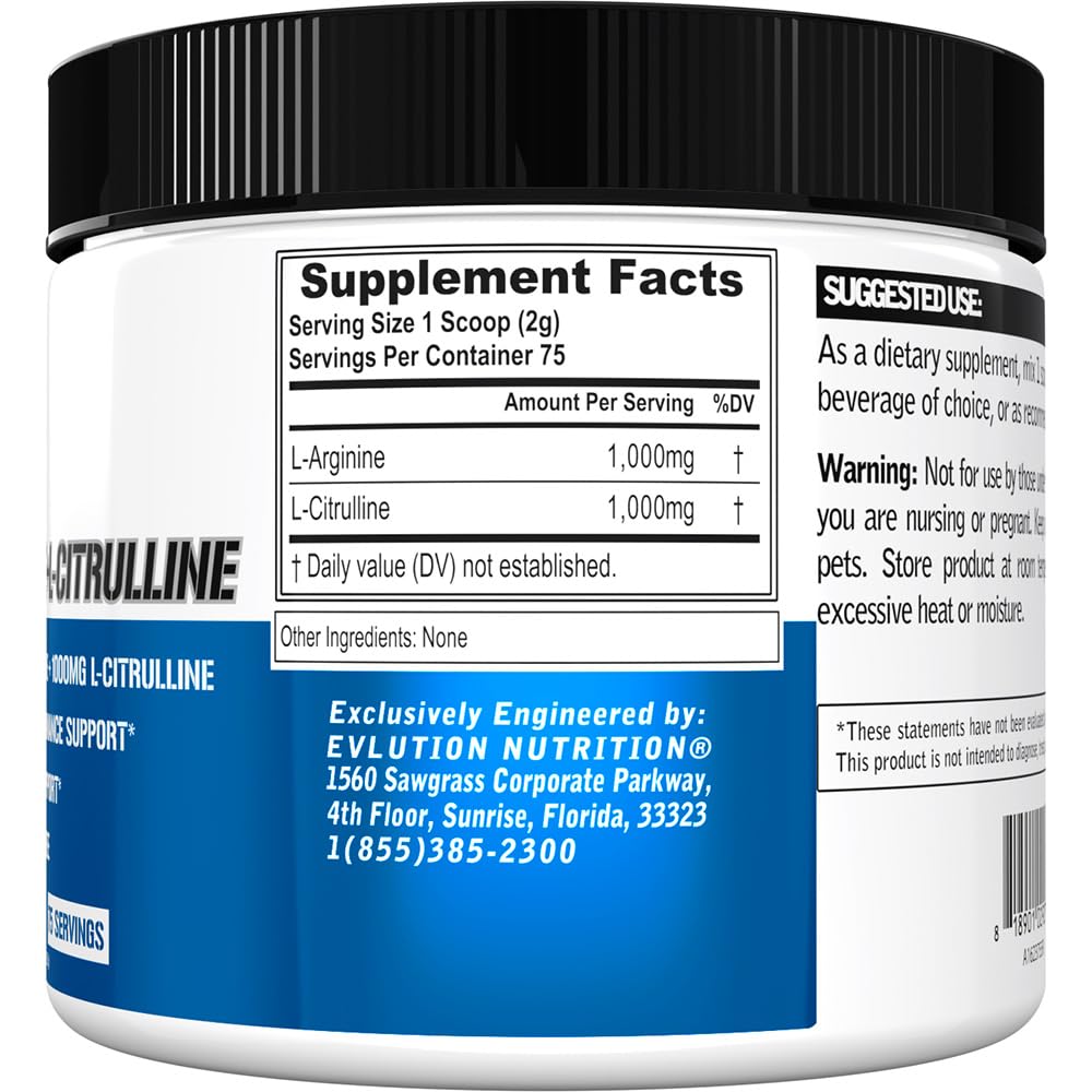 Evlution Nutrition L-Arginine + L-Citrulline – Endurance & NO Support (2000mg) – Vegan, Gluten Free | 75 Servings