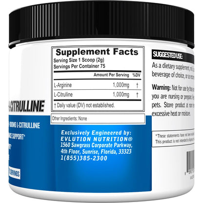 Evlution Nutrition L-Arginine + L-Citrulline – Endurance & NO Support (2000mg) – Vegan, Gluten Free | 75 Servings