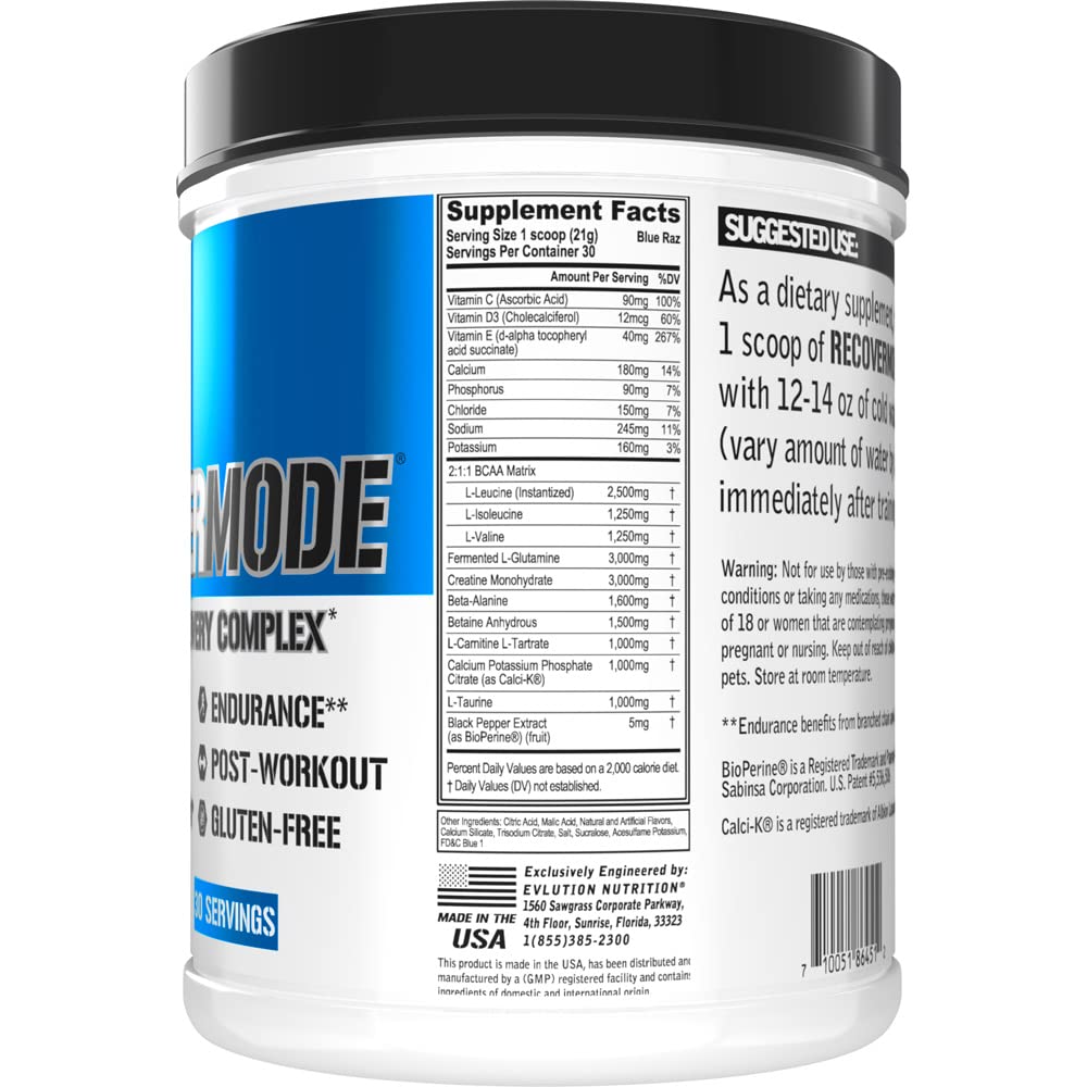 Evlution Nutrition Recover Mode – Post-Workout Recovery with BCAAs, Creatine & Glutamine | 30 Servings Blue Raz