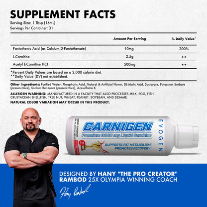 Evogen Carnigen Liquid L-Carnitine | Fat Metabolism, Recovery, Caffeine Free