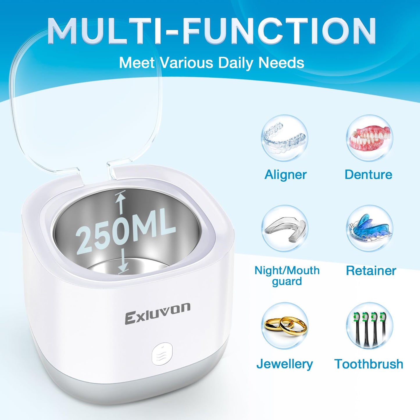 Exluvon Ultrasonic Retainer Cleaner 45kHz - 250ml Portable Ultrasonic Cleaner for Dentures, Mouth Guards, Aligners & Jewelry