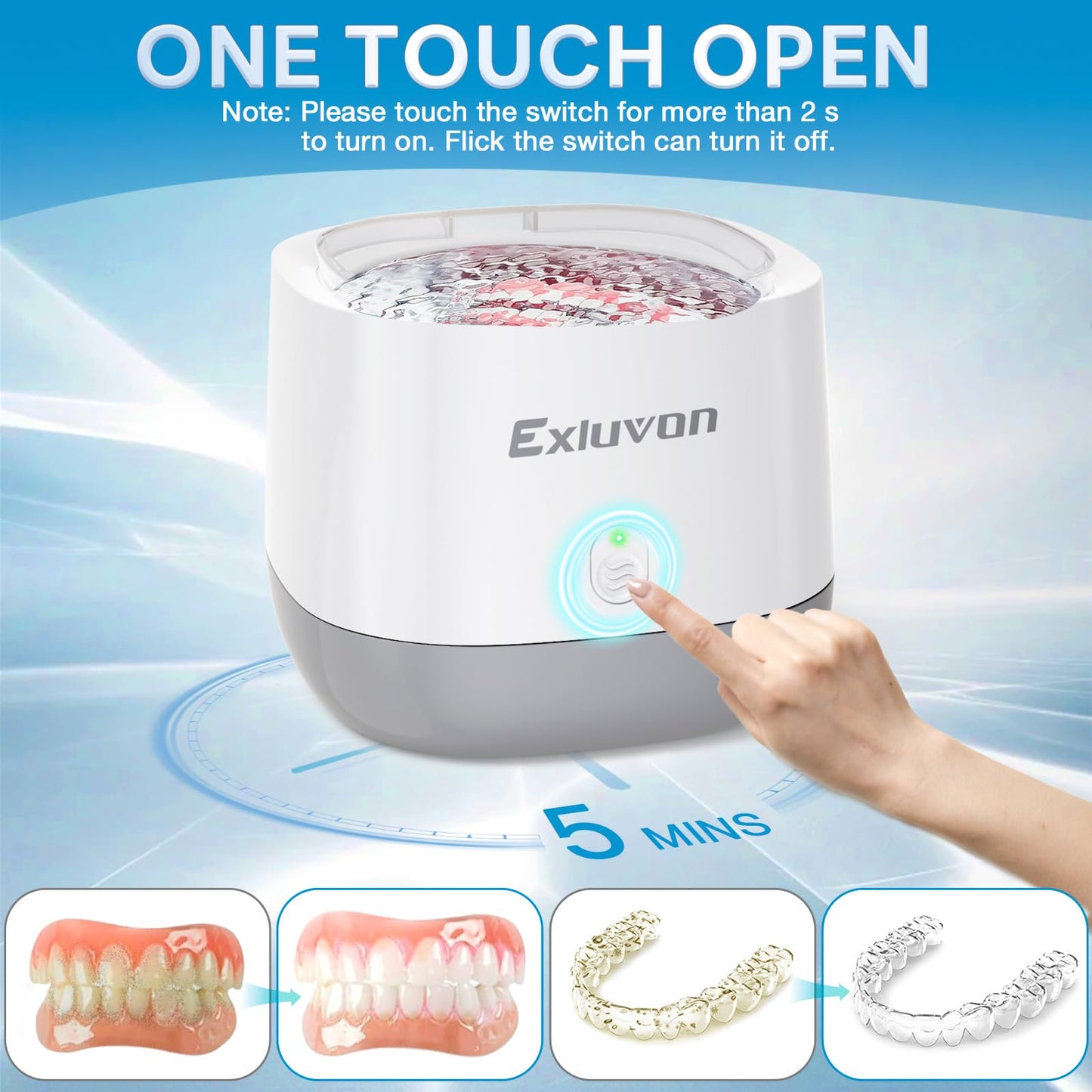 Exluvon Ultrasonic Retainer Cleaner 45kHz - 250ml Portable Ultrasonic Cleaner for Dentures, Mouth Guards, Aligners & Jewelry