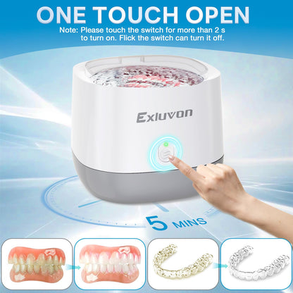 Exluvon Ultrasonic Retainer Cleaner 45kHz - 250ml Portable Ultrasonic Cleaner for Dentures, Mouth Guards, Aligners & Jewelry
