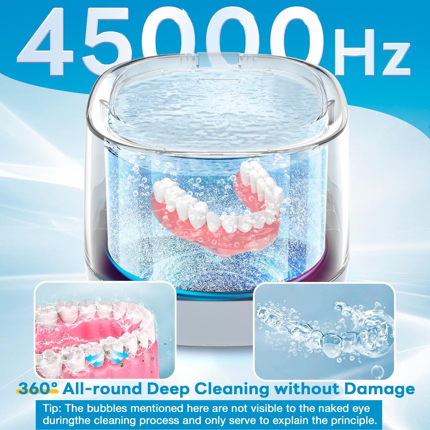 Exluvon Ultrasonic Retainer Cleaner 45kHz - 250ml Portable Ultrasonic Cleaner for Dentures, Mouth Guards, Aligners & Jewelry