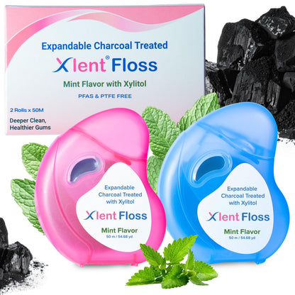 Expandable Charcoal Dental Floss with Xylitol & Mint – PFAS/PTFE Free | Pack of 2 (50 m each)