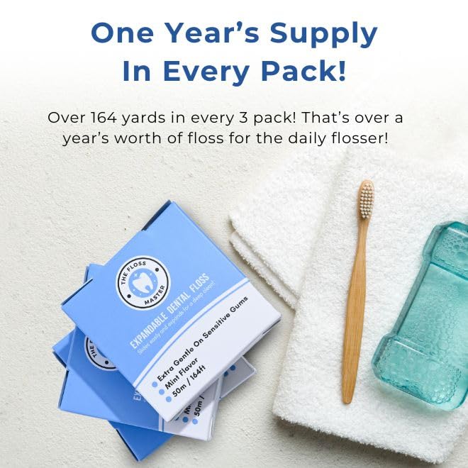 Expandable Dental Floss 3 Pack – Plastic-Free Dispenser – 50m Mint Flavor