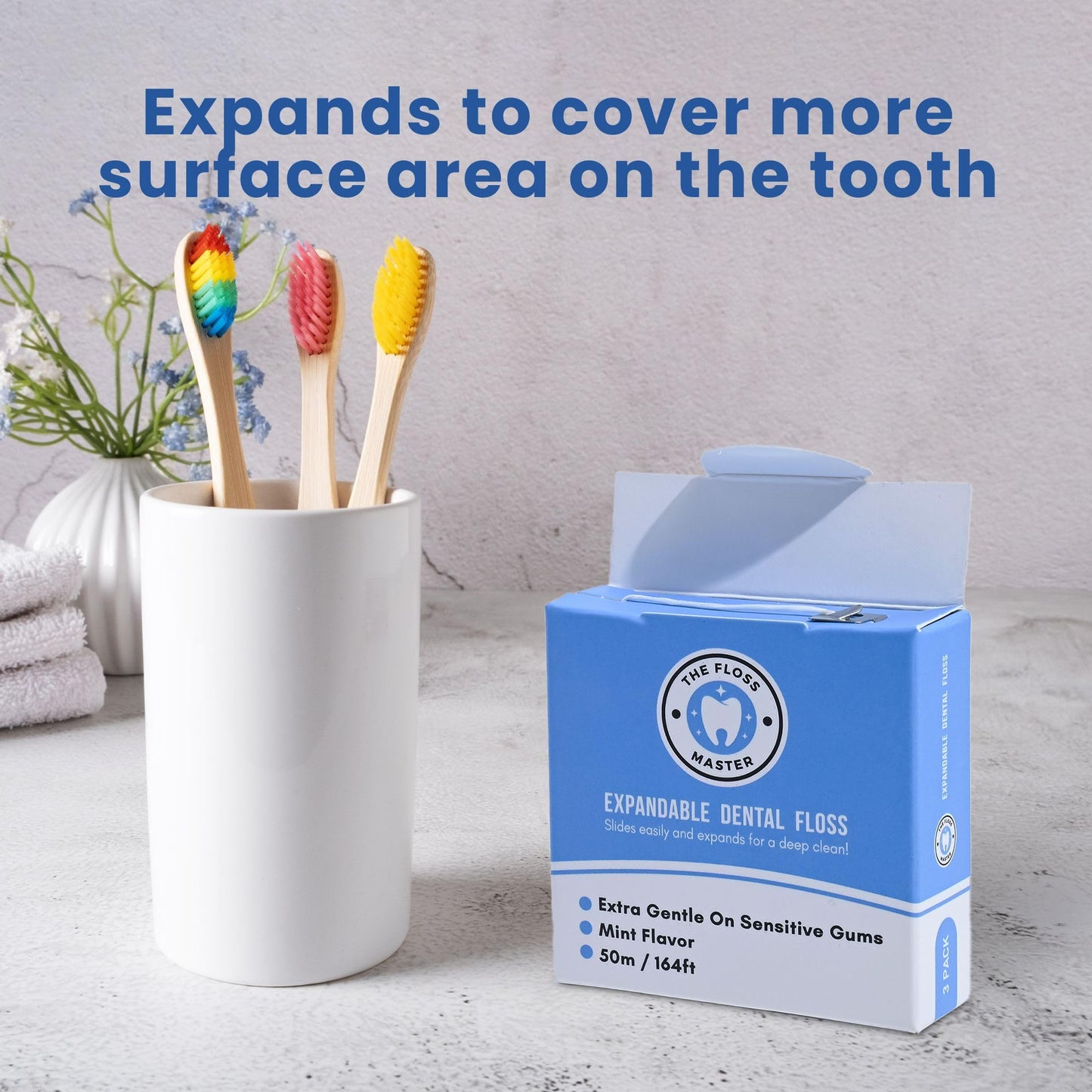 Expandable Dental Floss 3 Pack – Plastic-Free Dispenser – 50m Mint Flavor