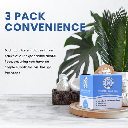 Expandable Dental Floss 3 Pack – Plastic-Free Dispenser – 50m Mint Flavor
