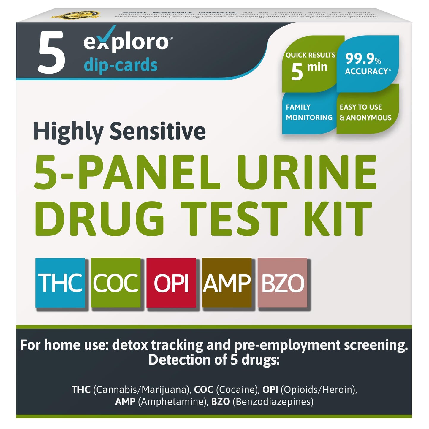 Exploro 5 Panel At-Home Drug Test Kit – Urine Test for THC, Cocaine, Opiates, Amphetamines and Benzodiazepines