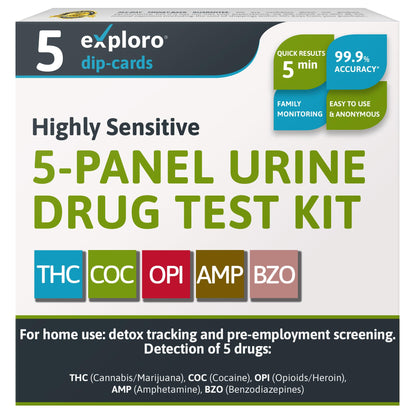 Exploro 5 Panel At-Home Drug Test Kit – Urine Test for THC, Cocaine, Opiates, Amphetamines and Benzodiazepines