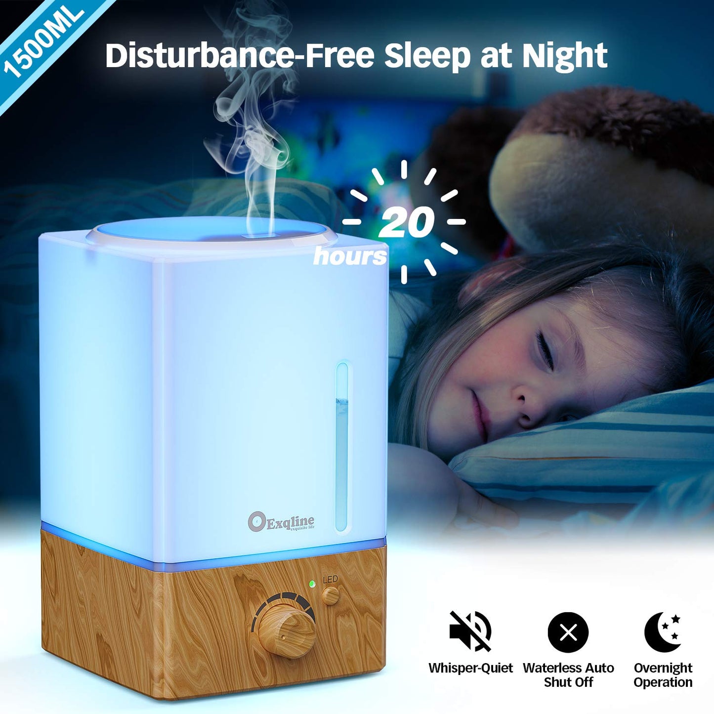 Exqline 1500ml Large Aroma Diffuser – Large Room Humidifier (Wood Grain)