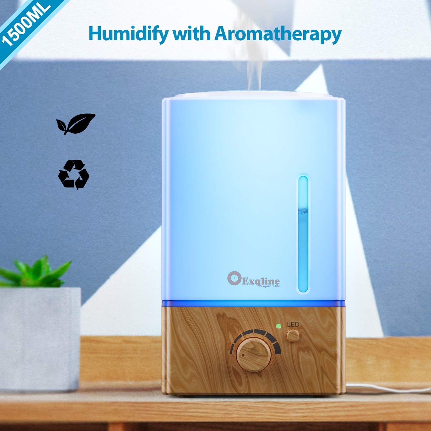 Exqline 1500ml Large Aroma Diffuser – Large Room Humidifier (Wood Grain)