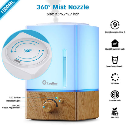 Exqline 1500ml Large Aroma Diffuser – Large Room Humidifier (Wood Grain)