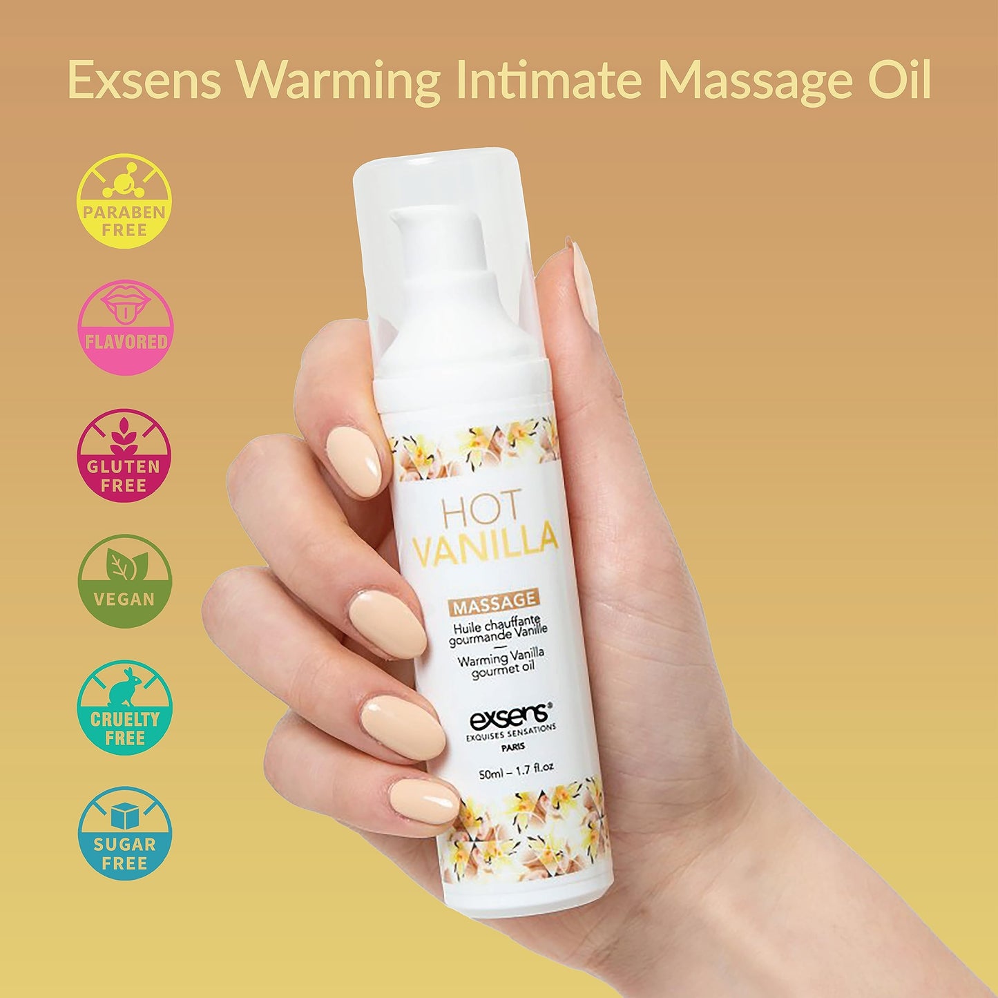 Exsens Hot Vanilla Warming Massage Oil - All Natural, Paraben-Free, 1.7 fl oz