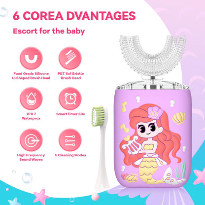 Kids U-Shaped Electric Toothbrush – Mermaid Purple, 6 Modes, Rechargeable (Ages 2-6)
