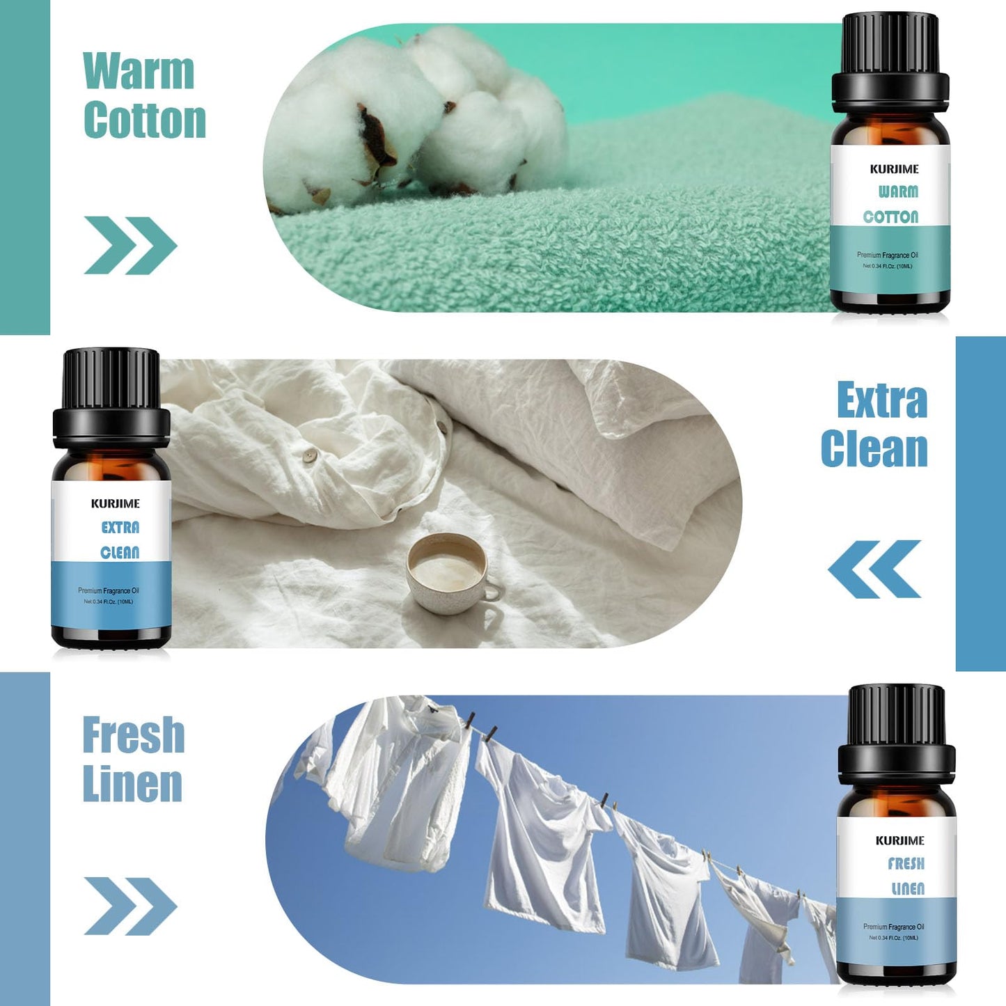Essential Oils Set - Clean Scents for Diffuser & Aromatherapy (6x10ml): Fresh Linen, Eucalyptus Peppermint