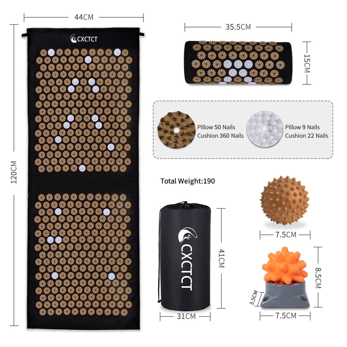 Extra Long Yoga Acupressure Mat Set – Large Magnetic Mat & Pillow (Gold)