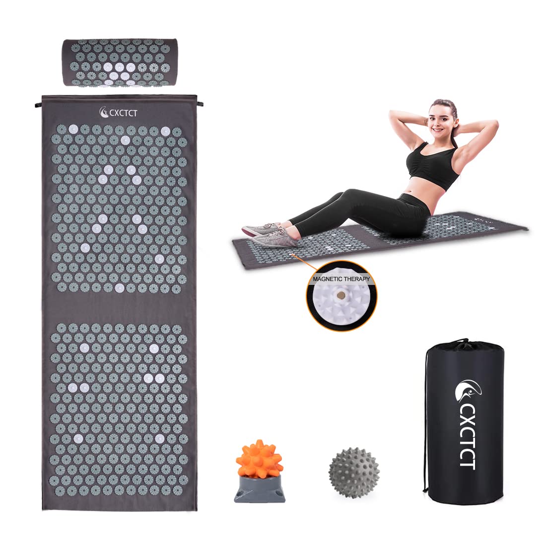 Extra Long Yoga Acupressure Mat Set with Magnetic Points – Full-Body Massage Pillow for Neck & Back Pain Relief (Grey)