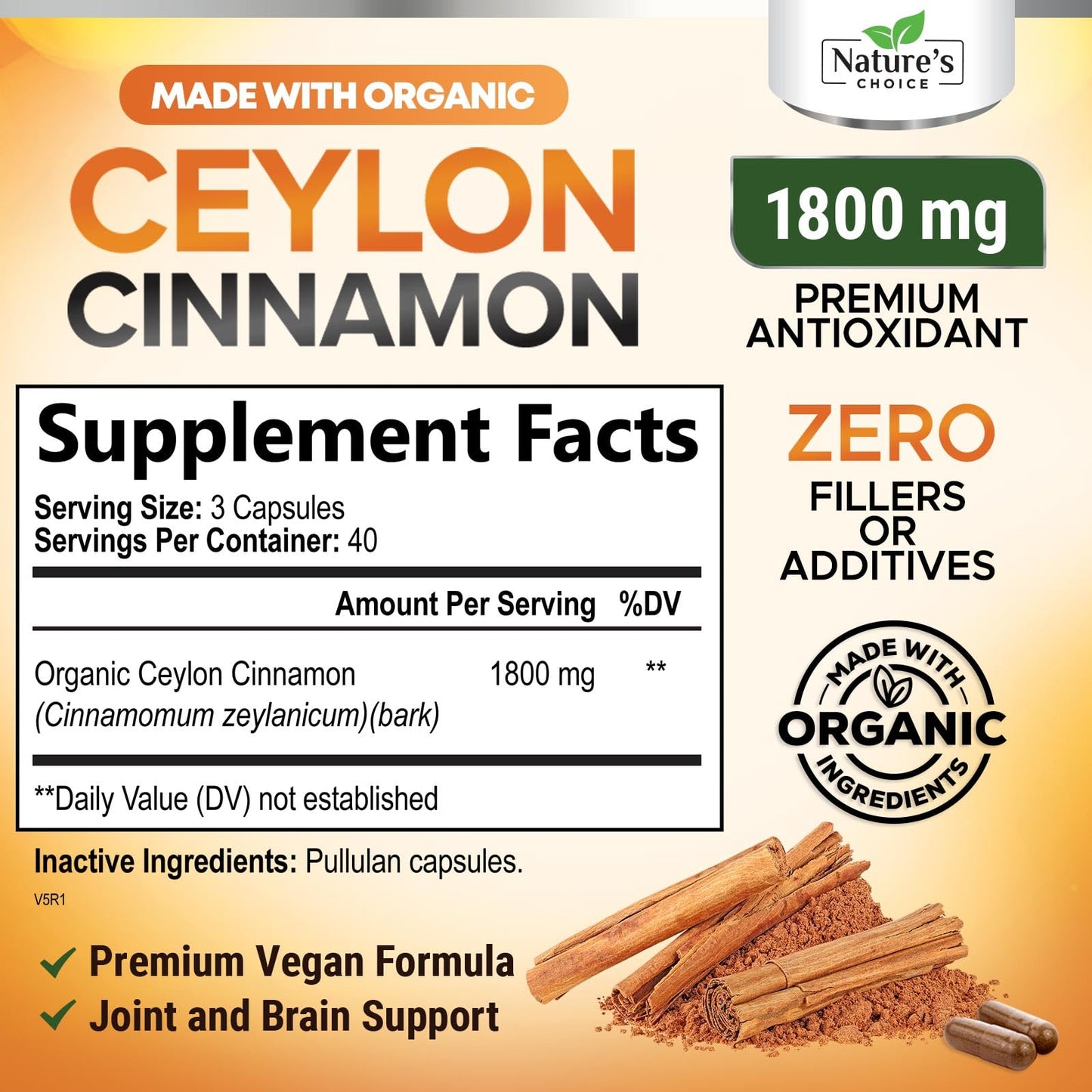 Ceylon Cinnamon Capsules 1800mg - Organic, Non-GMO, Gluten Free | 120 Capsules