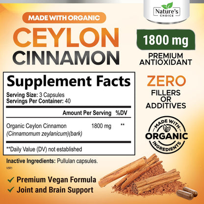 Ceylon Cinnamon Capsules 1800mg - Organic, Non-GMO, Gluten Free | 120 Capsules