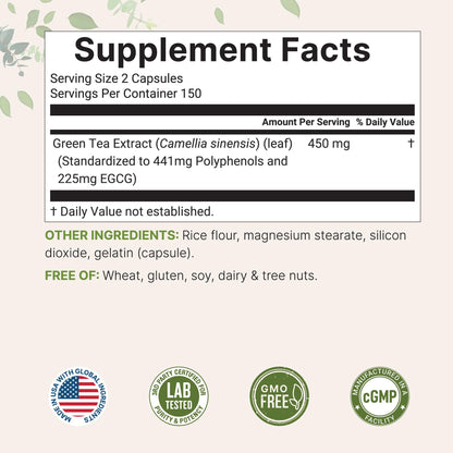 Extra Strength Green Tea Extract - 300 Capsules | 5 Month Supply | 50% EGCG & 98% Polyphenols