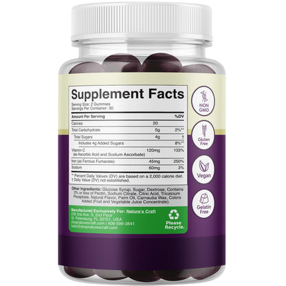 Extra Strength Iron Gummies 45mg per Serving - Vegan Iron Supplement for Adults (60 Servings)