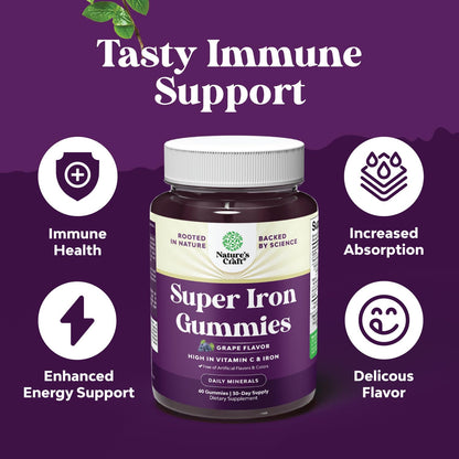Extra Strength Iron Gummies 45mg per Serving - Vegan Iron Supplement for Adults (60 Servings)