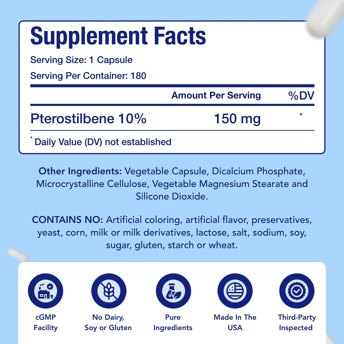 Extra Strength Pterostilbene Supplement – 150mg, Vegan, Made in USA | 180 Day Supply
