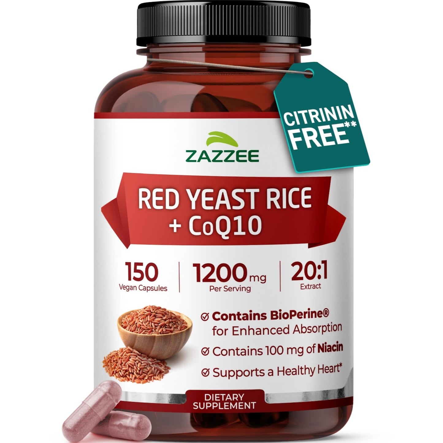 Red Yeast Rice 1200mg with CoQ10 & Bioperine – 75 Servings (Non-GMO, Vegan)