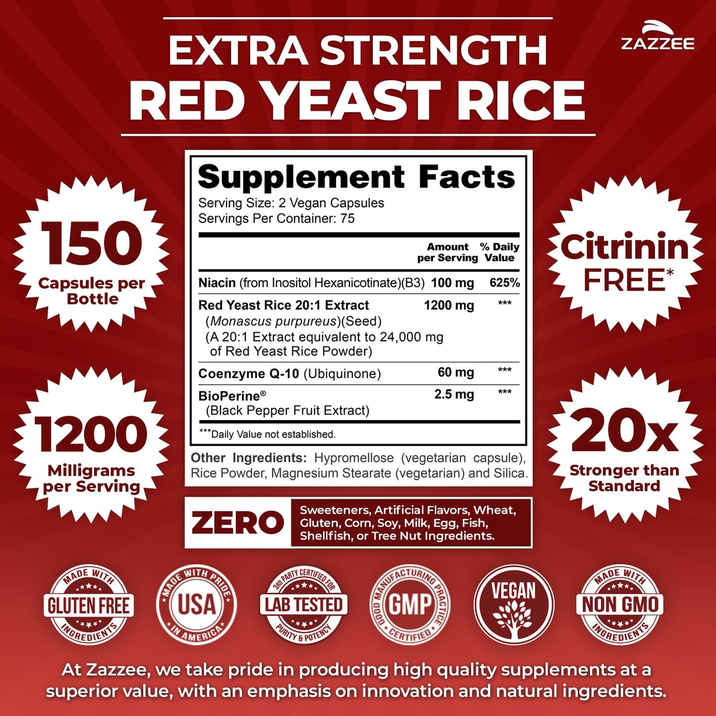 Red Yeast Rice 1200mg with CoQ10 & Bioperine – 75 Servings (Non-GMO, Vegan)