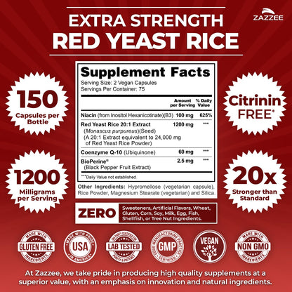 Red Yeast Rice 1200mg with CoQ10 & Bioperine – 75 Servings (Non-GMO, Vegan)