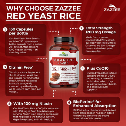Red Yeast Rice 1200mg with CoQ10 & Bioperine – 75 Servings (Non-GMO, Vegan)