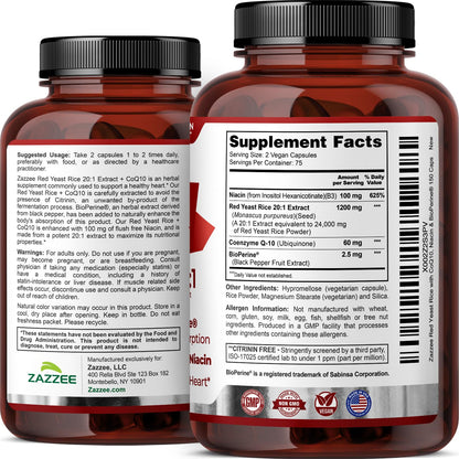 Red Yeast Rice 1200mg with CoQ10 & Bioperine – 75 Servings (Non-GMO, Vegan)