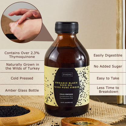 EYADAS Organic Black Seed Oil 8.4oz - 3X Thymoquinone, Turkish Nigella Sativa