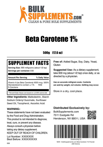 BulkSupplements Beta Carotene Powder – Vitamin A Support, Immune & Vision, 900mg/Serving, 500g