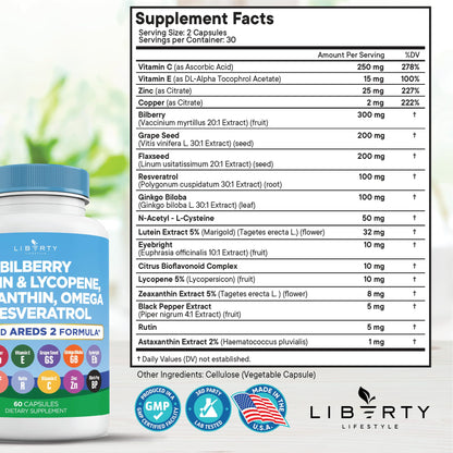 Eye Health Vitamins with Bilberry, Lutein & Zeaxanthin - AREDS2, 180 Caps