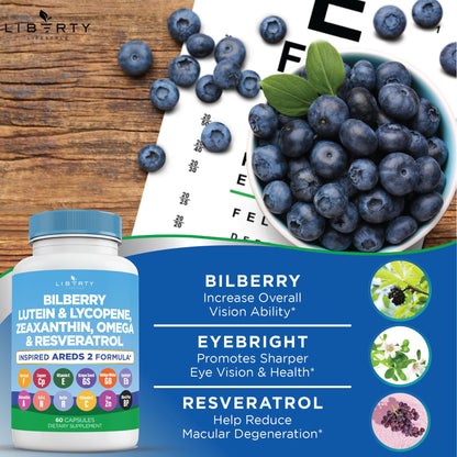 Eye Health Vitamins with Bilberry, Lutein & Zeaxanthin - AREDS2, 180 Caps