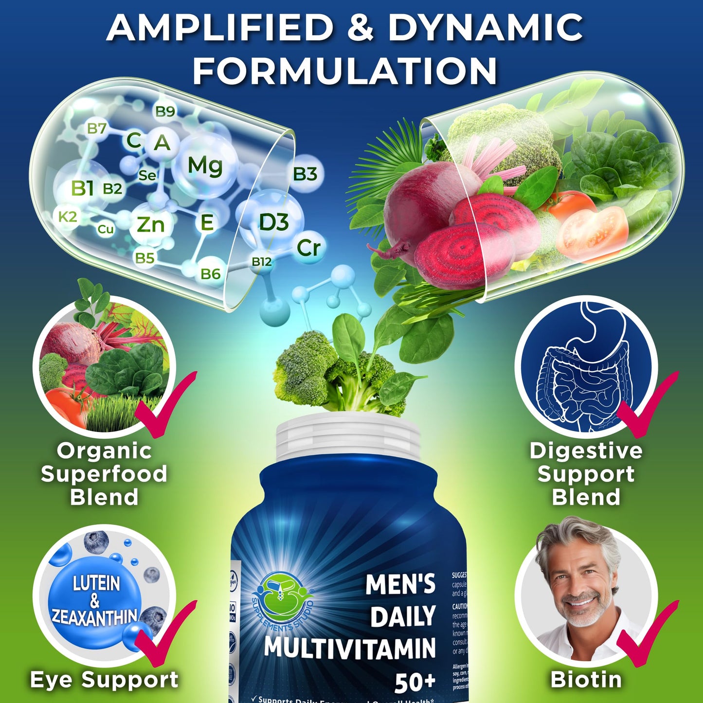 Men's Daily Multivitamin 50+ - Vegan Methylated Multivitamin for Men 50+