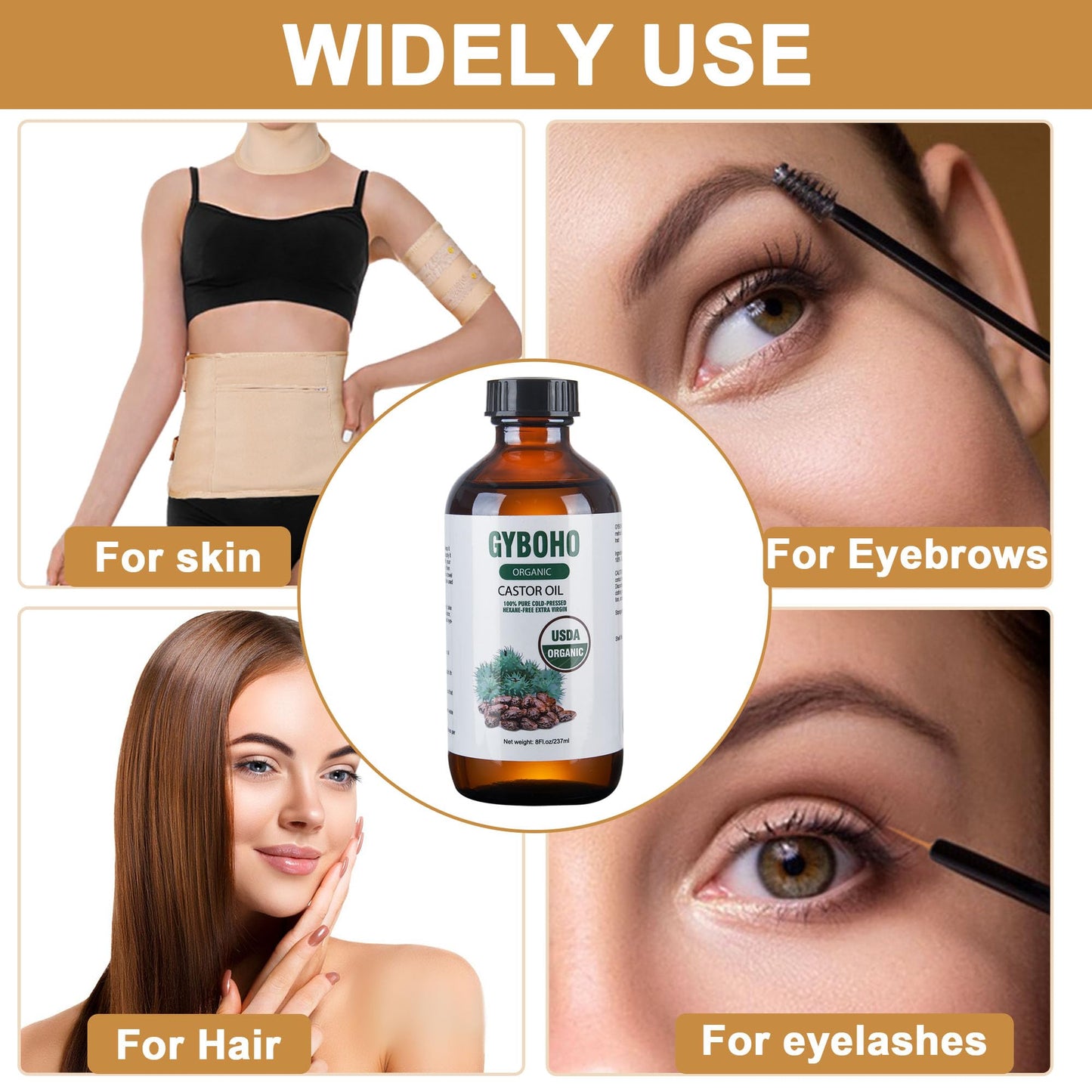 8oz Organic Castor Oil + 4 Reusable Pack Wraps – Eyebrow & Lash Care Kit