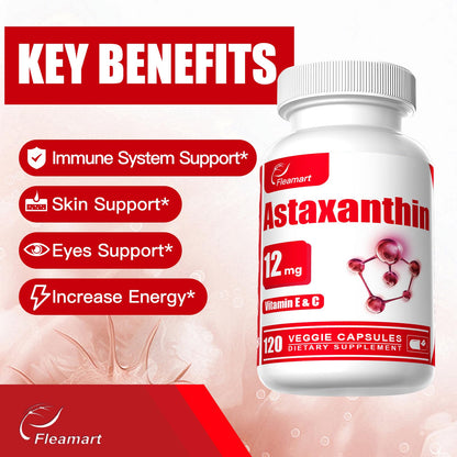 Fleamart Astaxanthin 12mg with Vitamin E & C – 120 Capsules (Vegan, Gluten Free, Non-GMO)