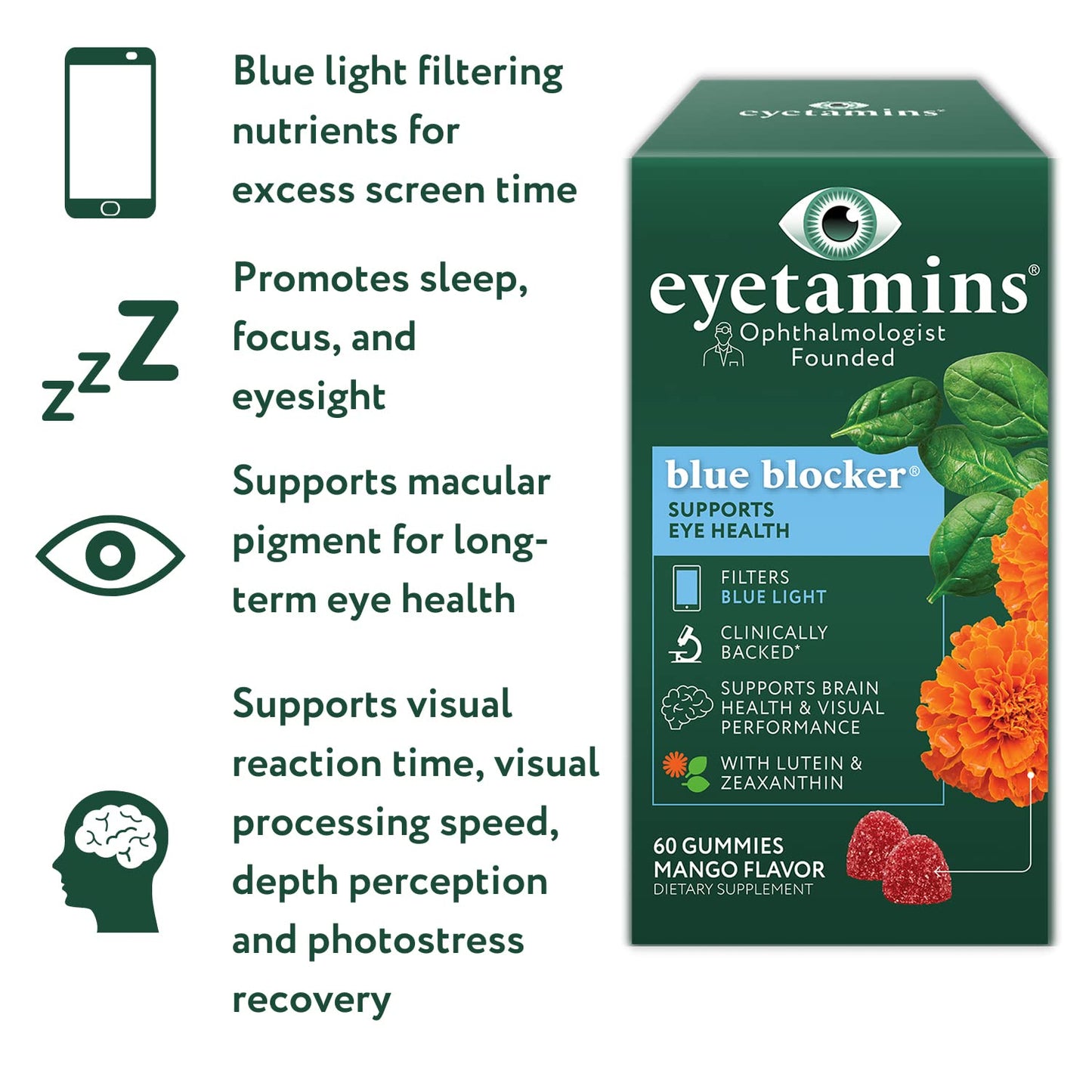 eyetamins Blue Blocker® Eye Health - 60 Lutein Gummies - Ophthalmologist-Developed - Support Vision, Filter Blue Light & Help Eye Strain - Promotes Sleep, Focus Eyesight – Vegan & Non-GMO Formula